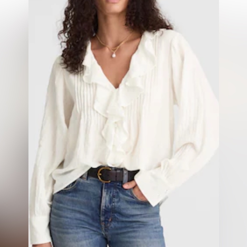 Madewell Cream Ruffle V-Neck Long Sleeve Blouse